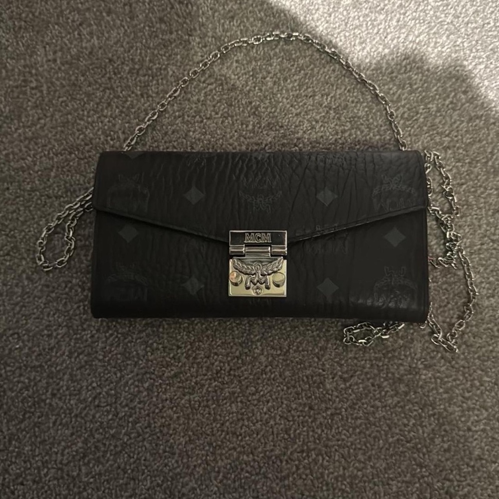 MCM Black Leather Clutch with Chain